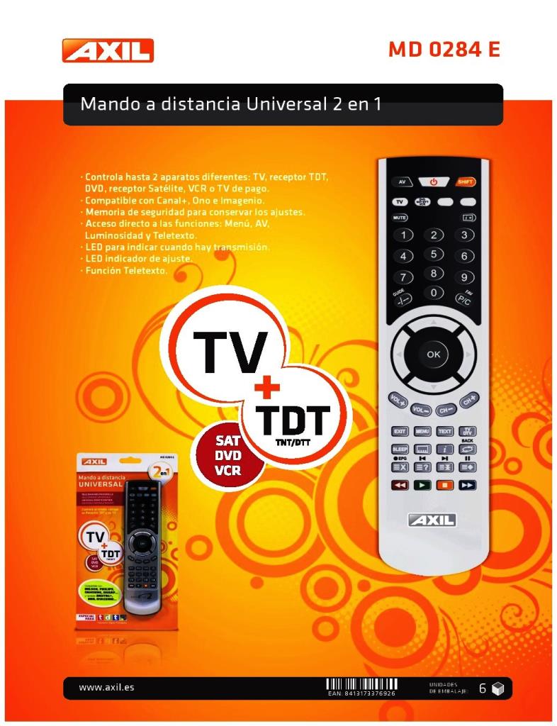 Mando a Distancia Universal Axil 2en1 TV+TDT