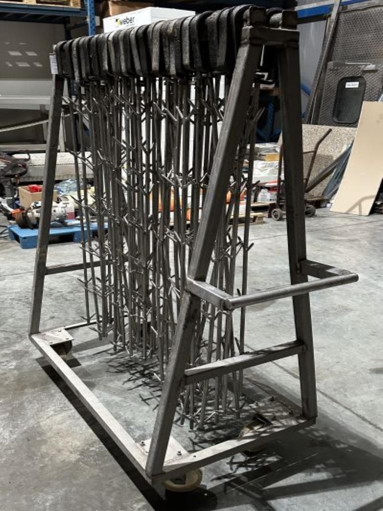 Used Mobile stainless steel trolley with stainless steel hooks for hanging  meat for Sale (Auction Premium)